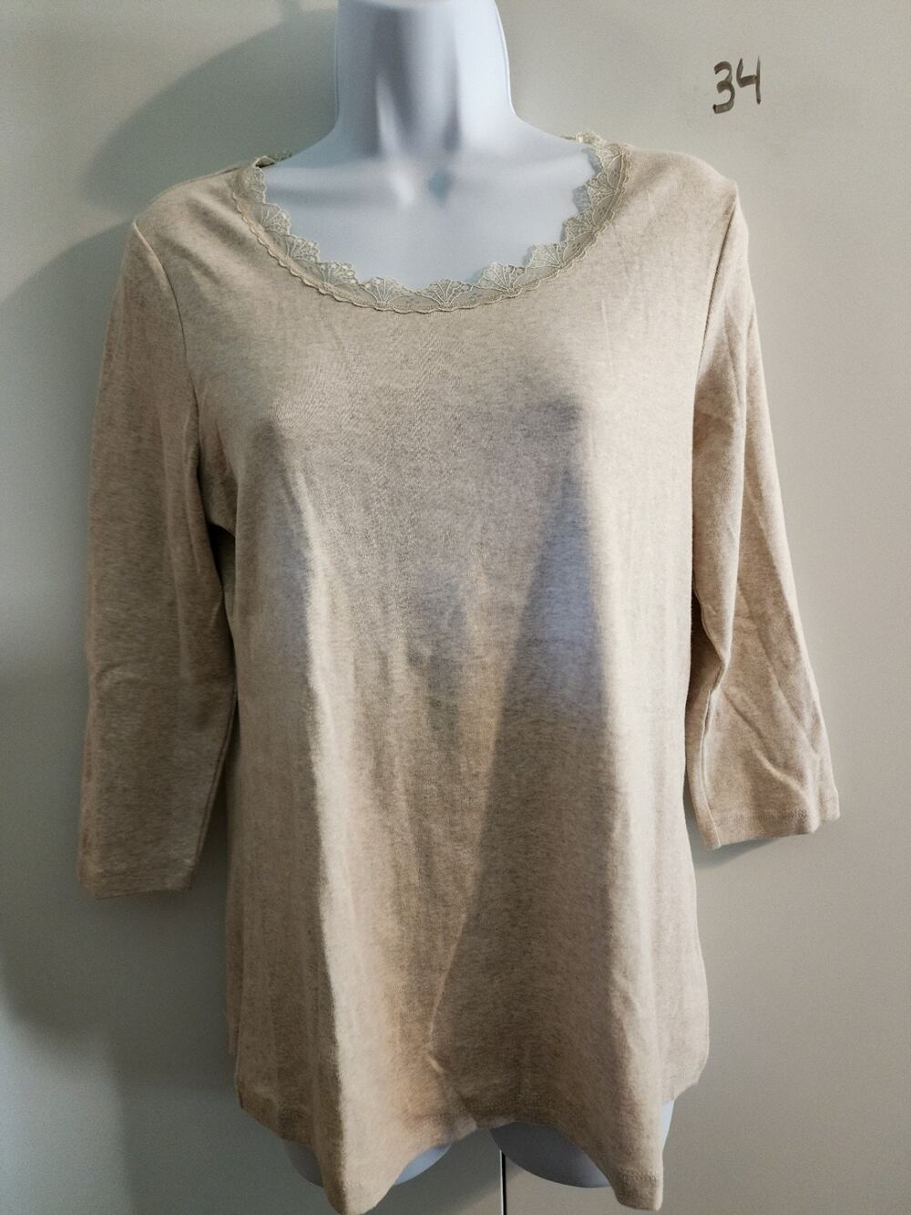 Laura Ashley Womens Small Beige Heather Lace Trim Scoop Neck 3/4 Sleeve Top S